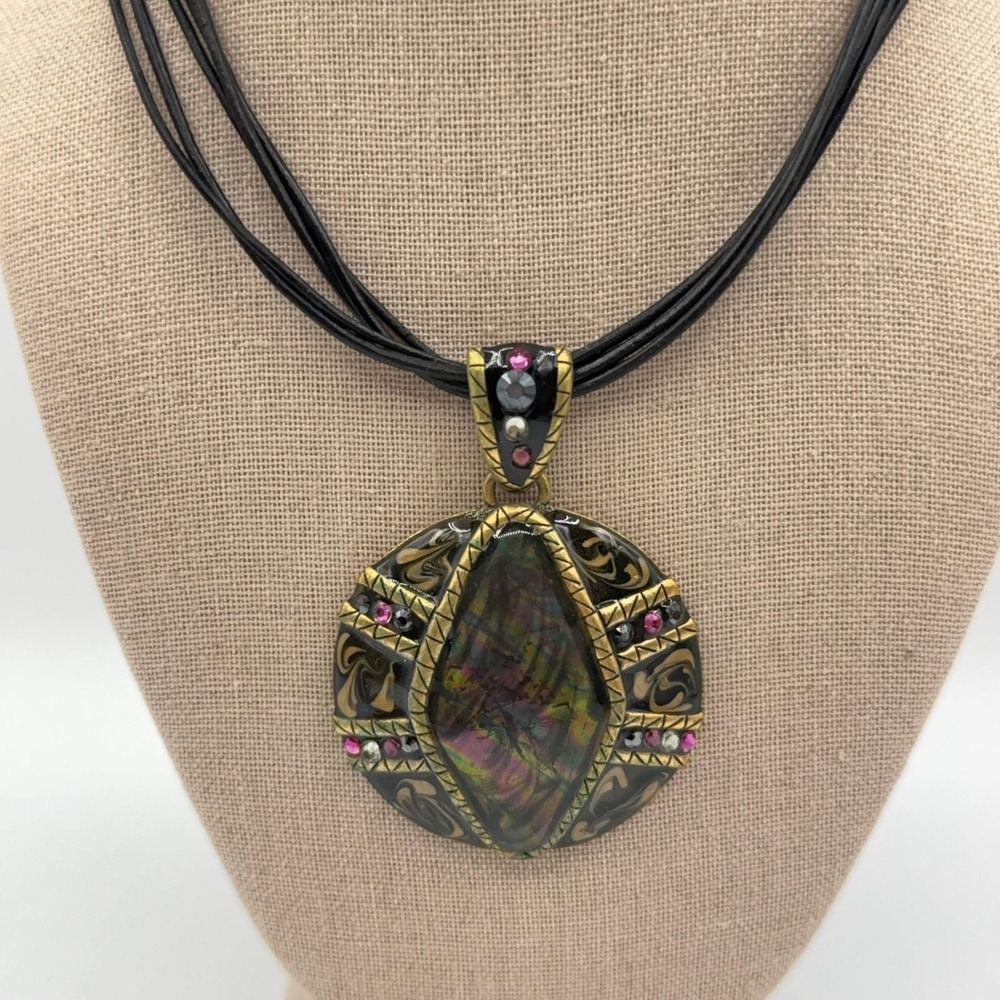 Chico's Pendant Rope Necklace Black Gold Tone Iridescent Statement Glam Artsy